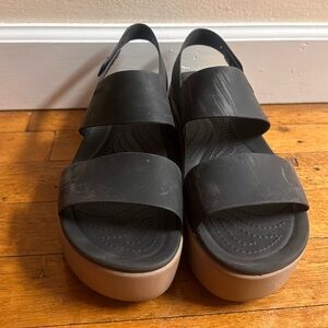 CROCS Black Double-Strap Platform Sandals with Tan Platform